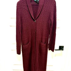 Ralph Lauren Burgundy Cable Knit Long Cardigan